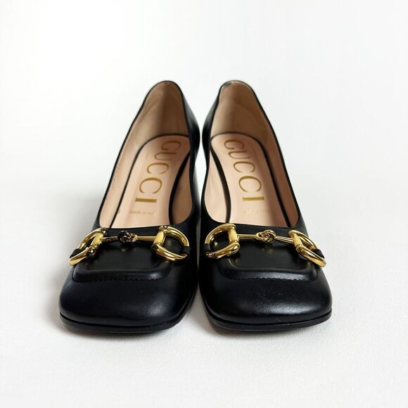 GUCCI Black Baby Bit Horsebit Square Toe Pump 38.5 US 8.5 Leather Block Heel - Picture 7 of 15